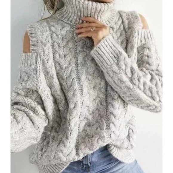 Zara Sweaters - Zara Wool Knit Chunky Cable Sweater Mock Turtleneck Cold Shoulder XL Beige Grey